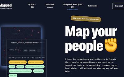 A screenshot of the "mapped" webpage, a tool for organizers and activists to locate their network by constituency and much more.